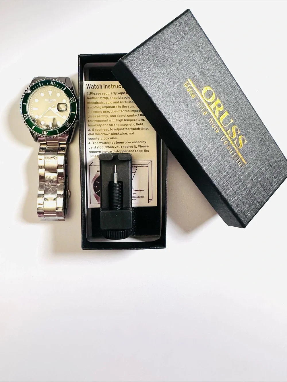 NWT Oruss 1853 Quartz Green Bezel UNTESTED  Bracelet Watch/ with Tool